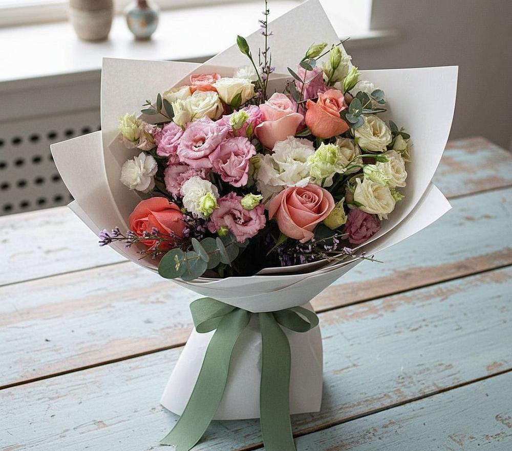 Букет цветов из: Розы, Лизиантусы и Гвоздики в Широчанке