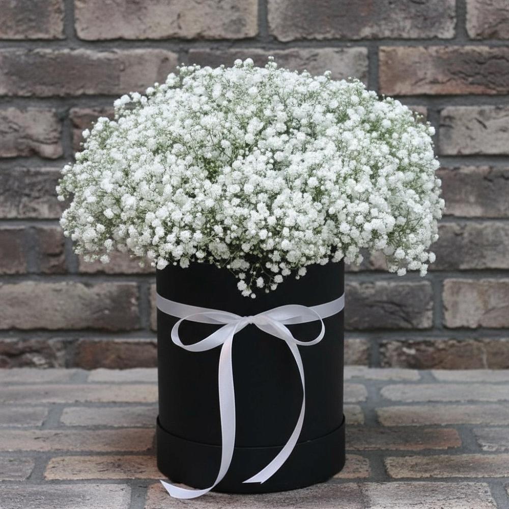 Цветочная композиция из Гипсофила в шляпной коробке в Широчанке