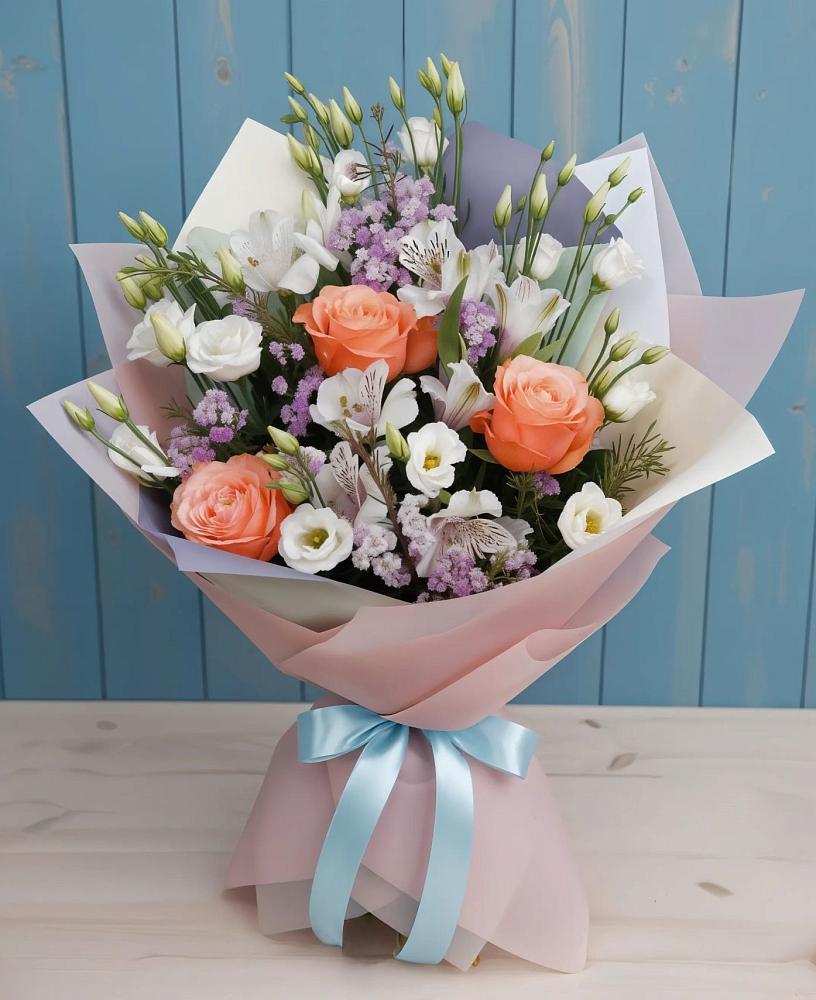 Букет цветов из: Лизиантусы, Розы, Альстромерии и Гипсофила в Широчанке